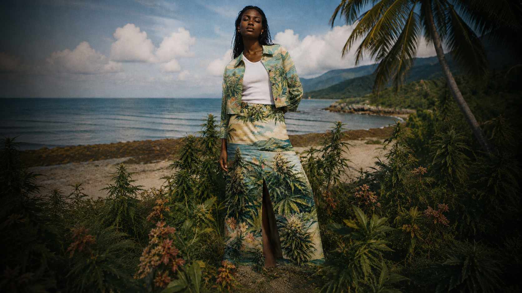 Person wearing a tropical-themed outfit standing in a lush, tropical setting with ocean and mountains in the background.