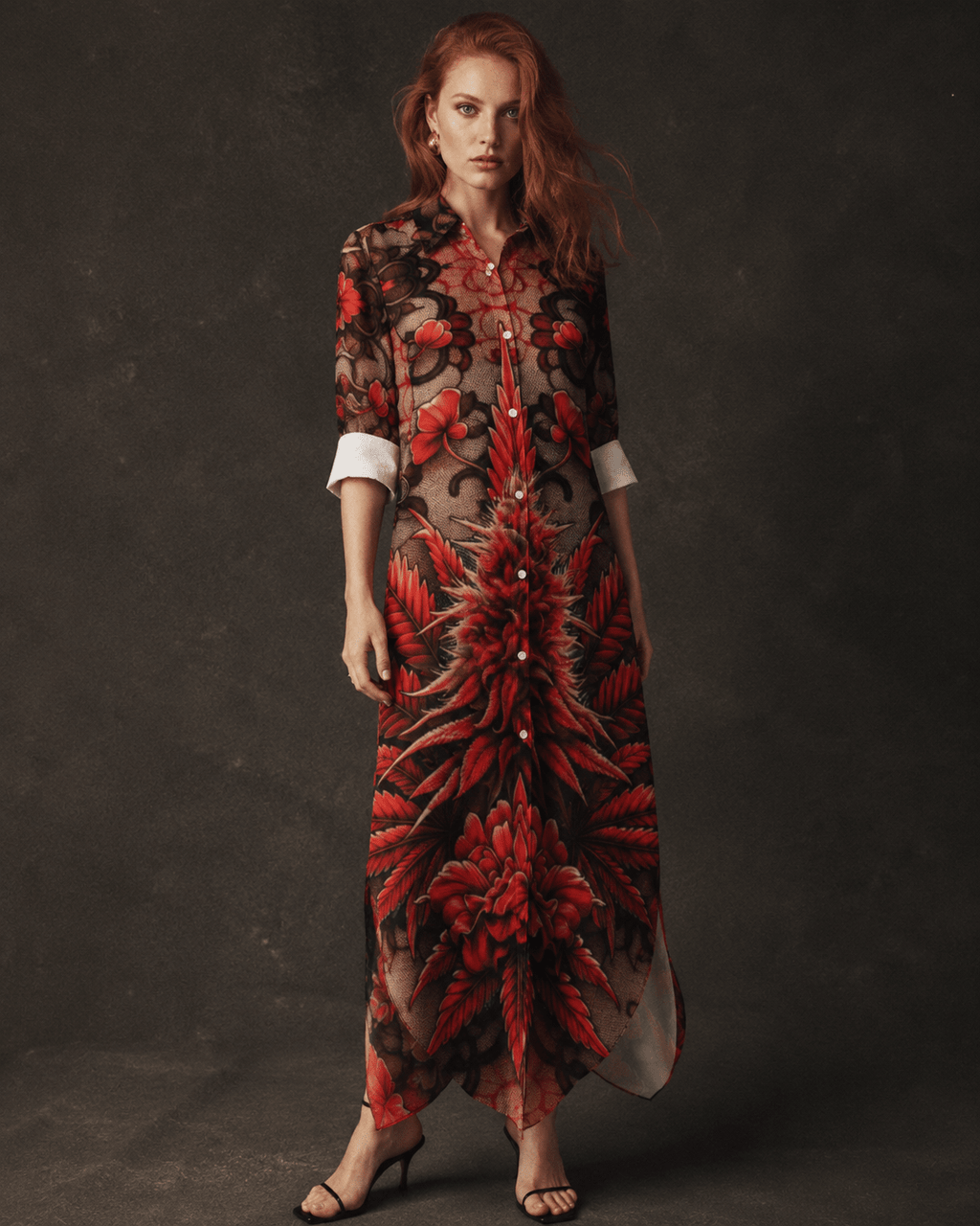 Jane Dope bud and lace floral print button-through shirt dress, front view on model