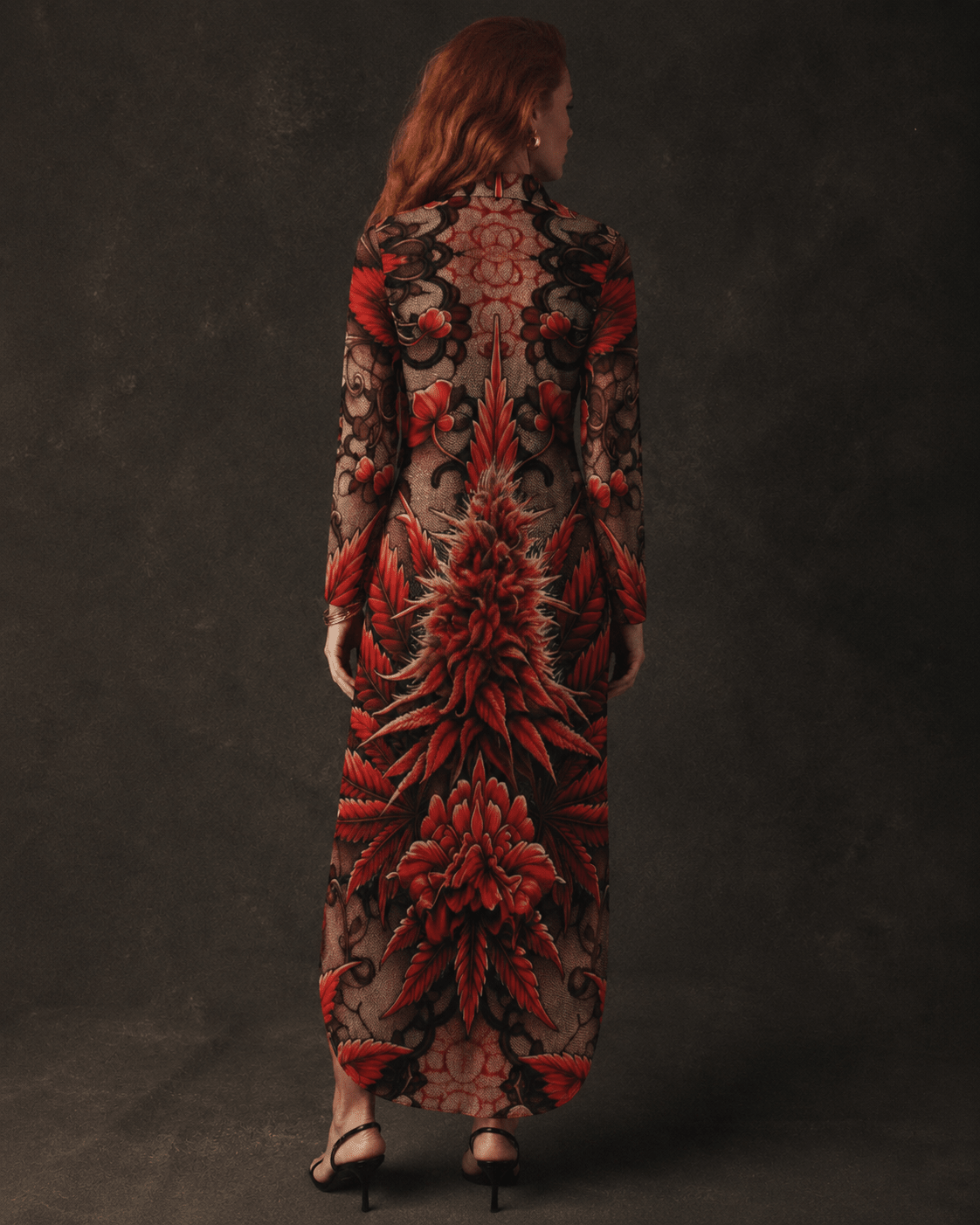 Bud and lace floral print shirt dress, back view on model