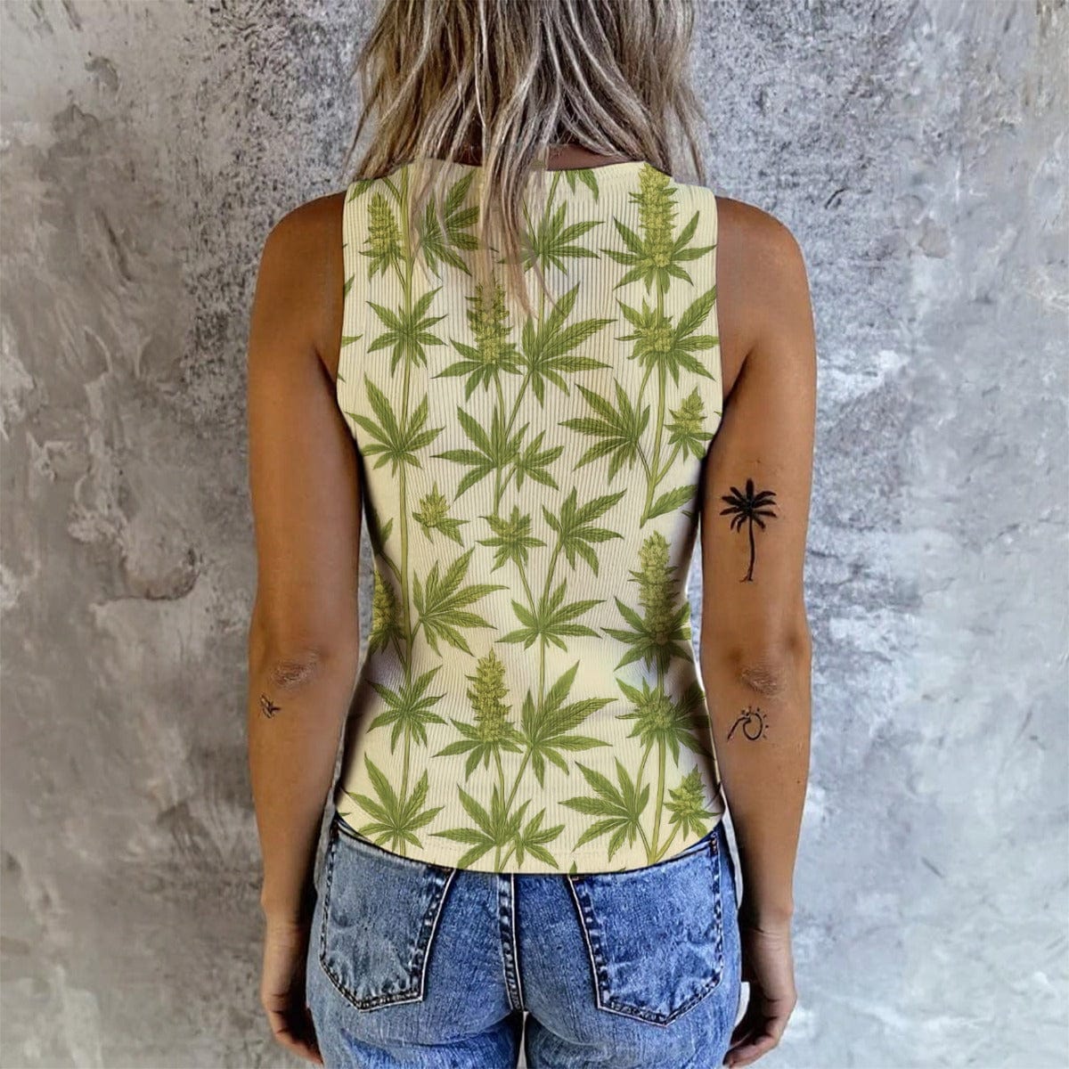 Bud print button-front vest tank top, flat lay showing button detail