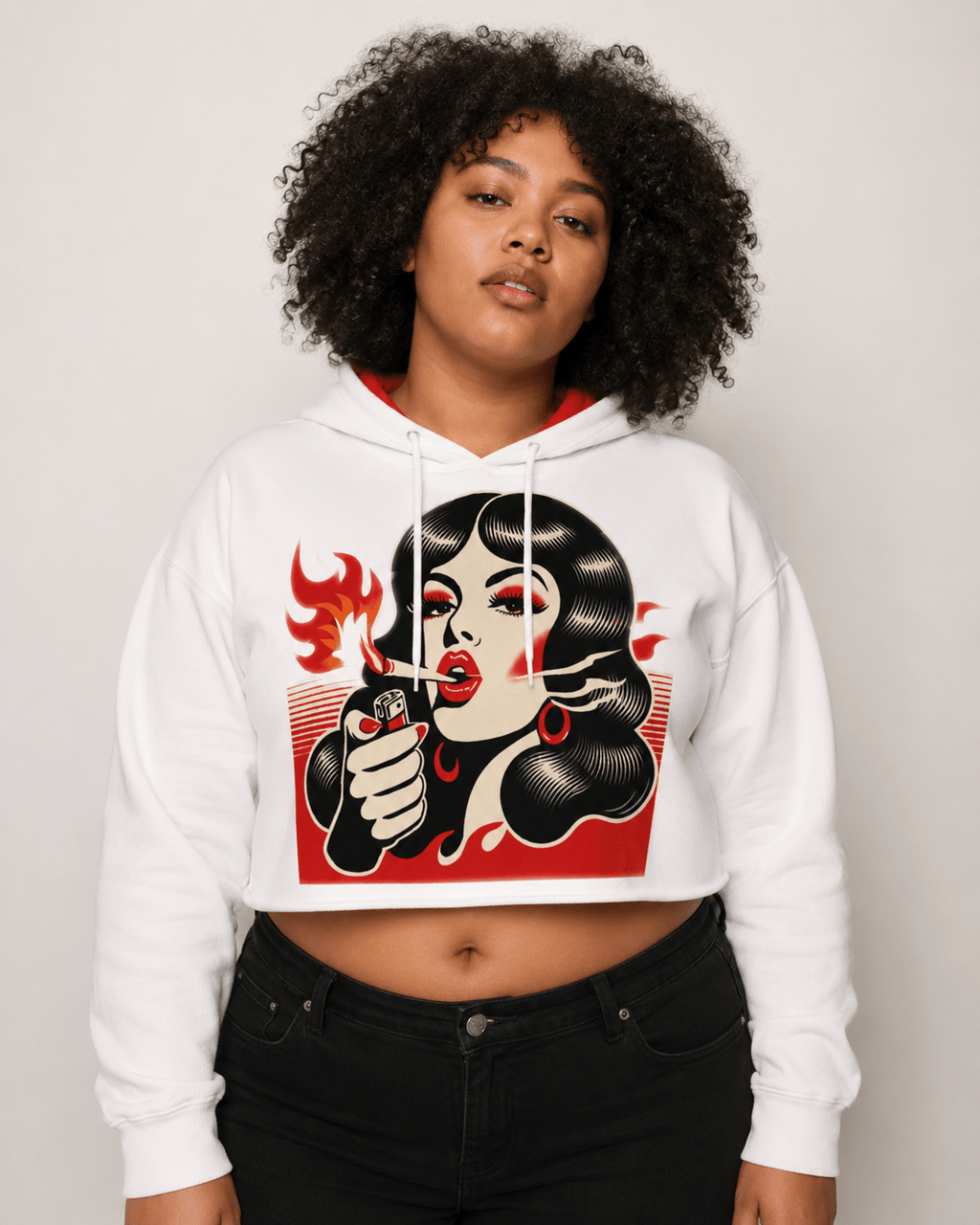 Jane Dope Burn Em graphic print women's cropped hoodie, front view on model