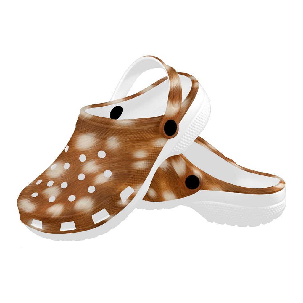 Jane Dope Bambi Clogs — bambi spotted print foam clogs flat lay
