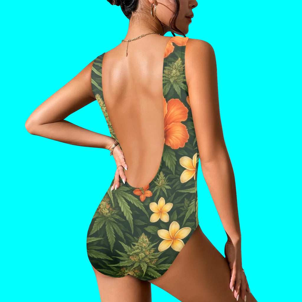 hibiscus swim Women's High Cut Backless Swimsuit (Model S50) Women's High Cut Backless Swimsuit (S50)