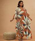 Jane Dope cali print silky V-neck kaftan robe in white, front open view on model