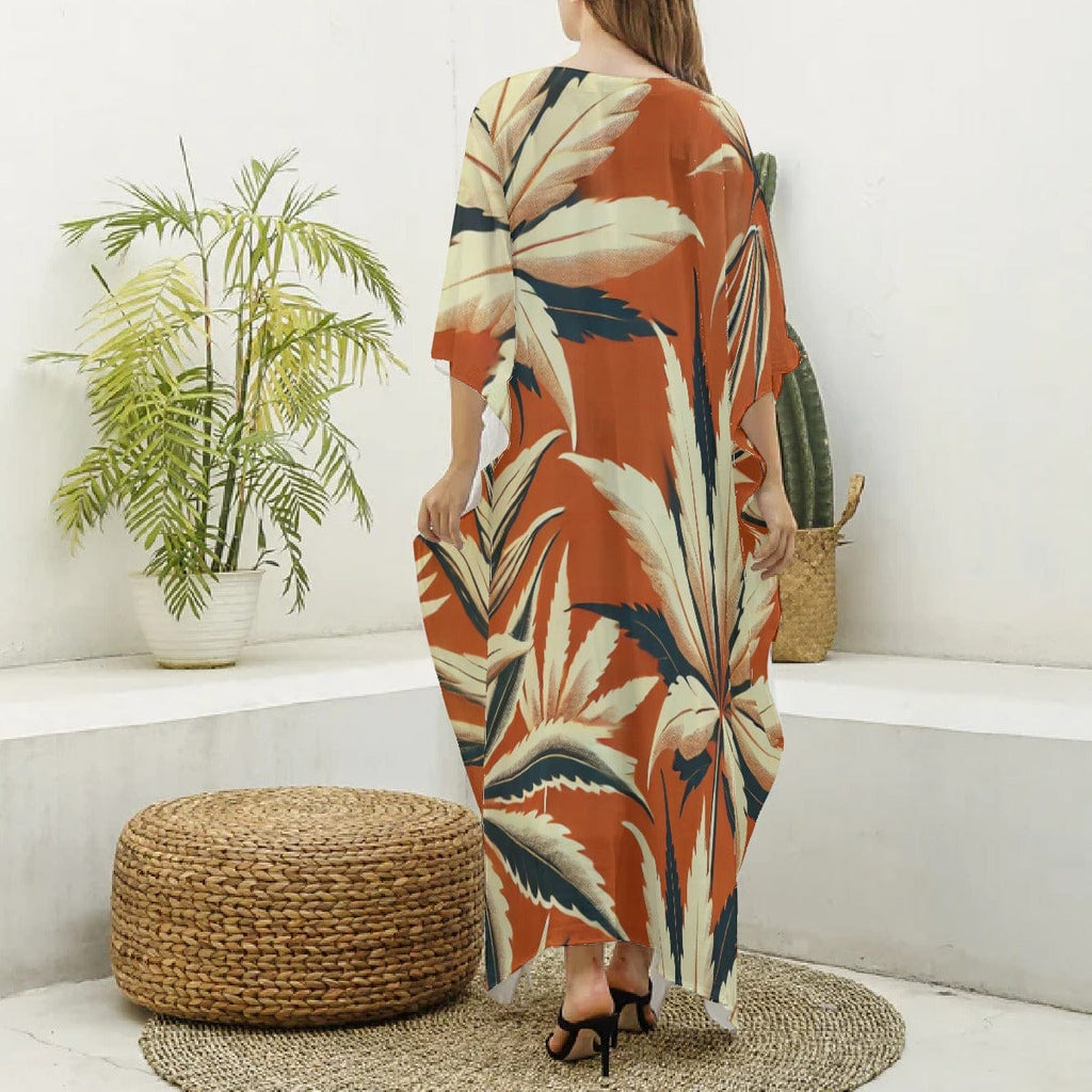 Cali print silky kaftan robe, fabric and print detail close-up