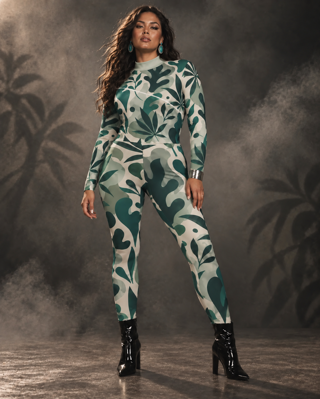 Model wearing Jane Dope Camo High-Neck Jumpsuit in green leaf print, full length editorial view