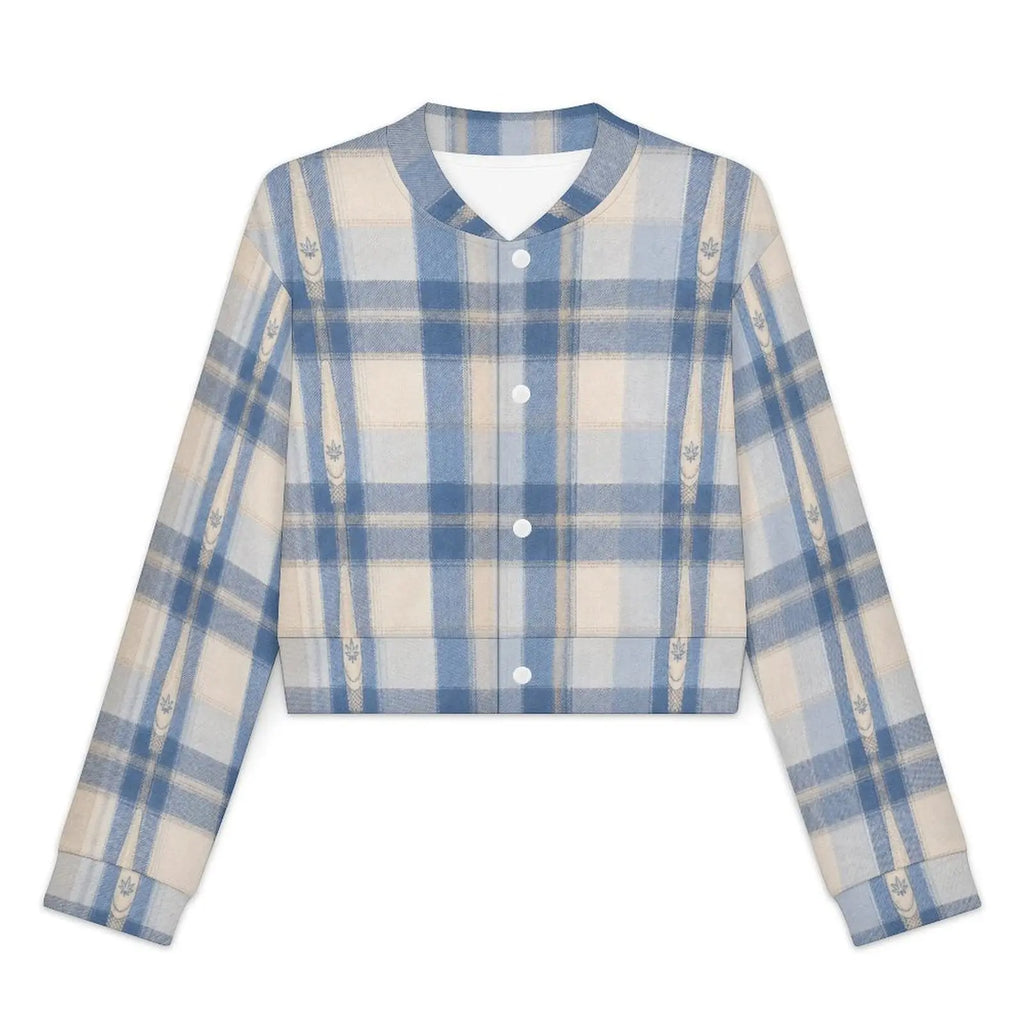 Sunday Sesh blue-and-cream plaid cropped jacket, original front product view with four white snaps and leaf motifs.
