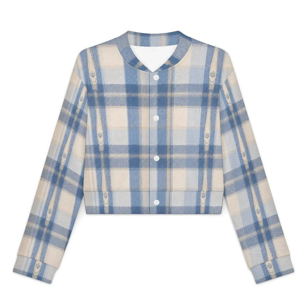 Sunday Sesh blue-and-cream plaid cropped jacket, original front product view with four white snaps and leaf motifs.