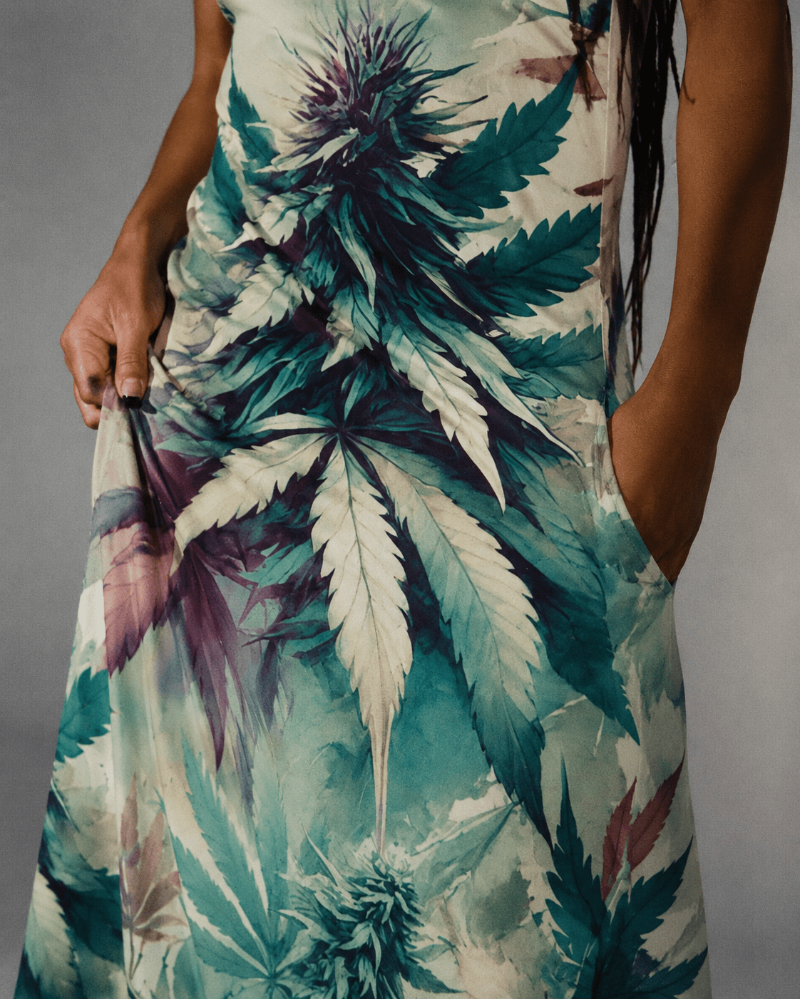Cola Love graphic print long pocket dress, close-up showing print and pocket detail