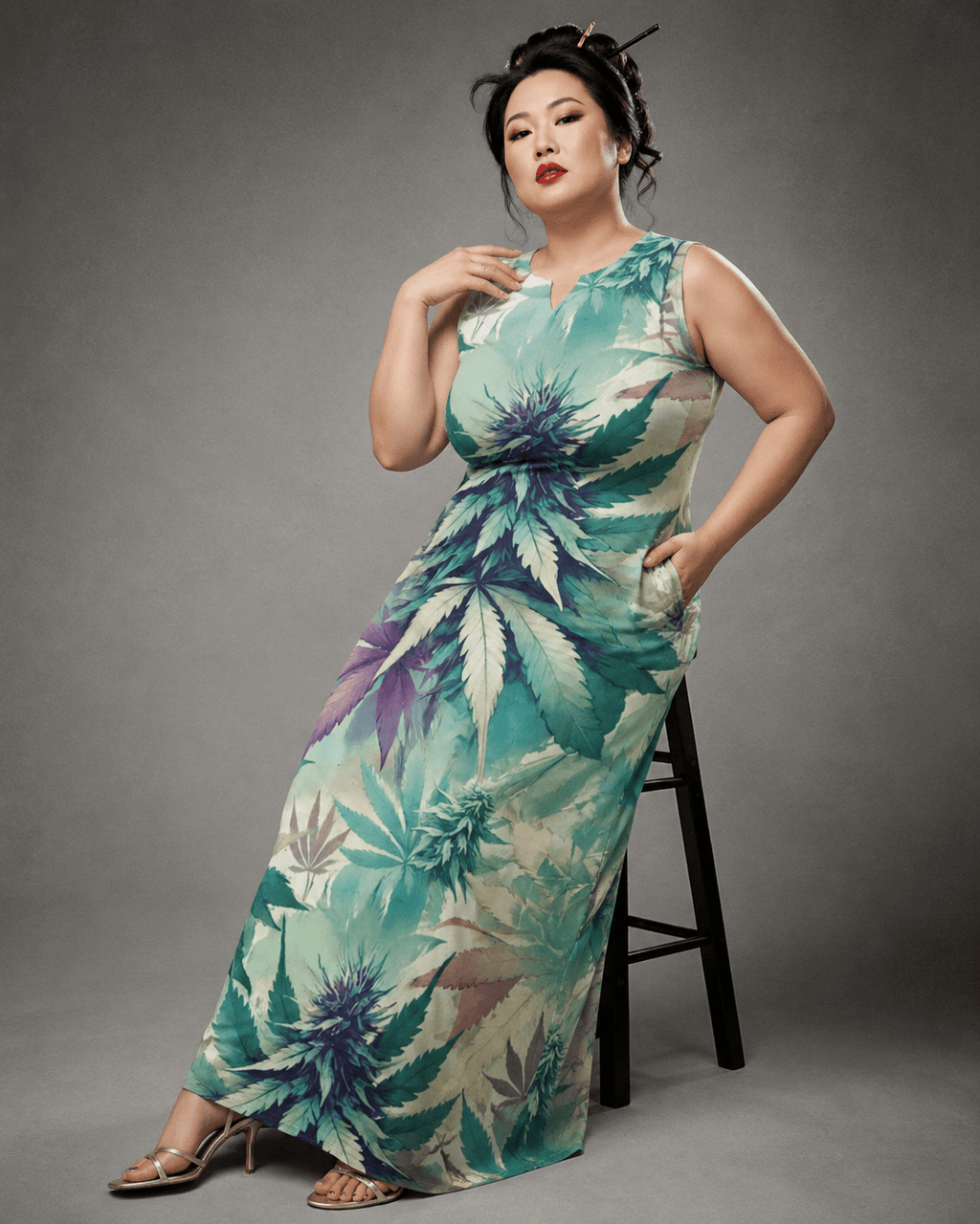 Cola Love graphic print long pocket dress, lifestyle editorial shot on model