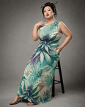 Cola Love graphic print long pocket dress, lifestyle editorial shot on model