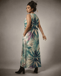 Cola Love graphic print long pocket dress, walking shot on model