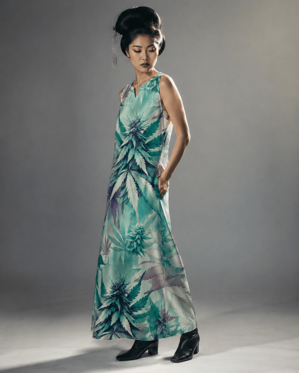 Cola Love graphic print long pocket dress, three-quarter view on model