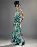 Cola Love graphic print long pocket dress, three-quarter view on model