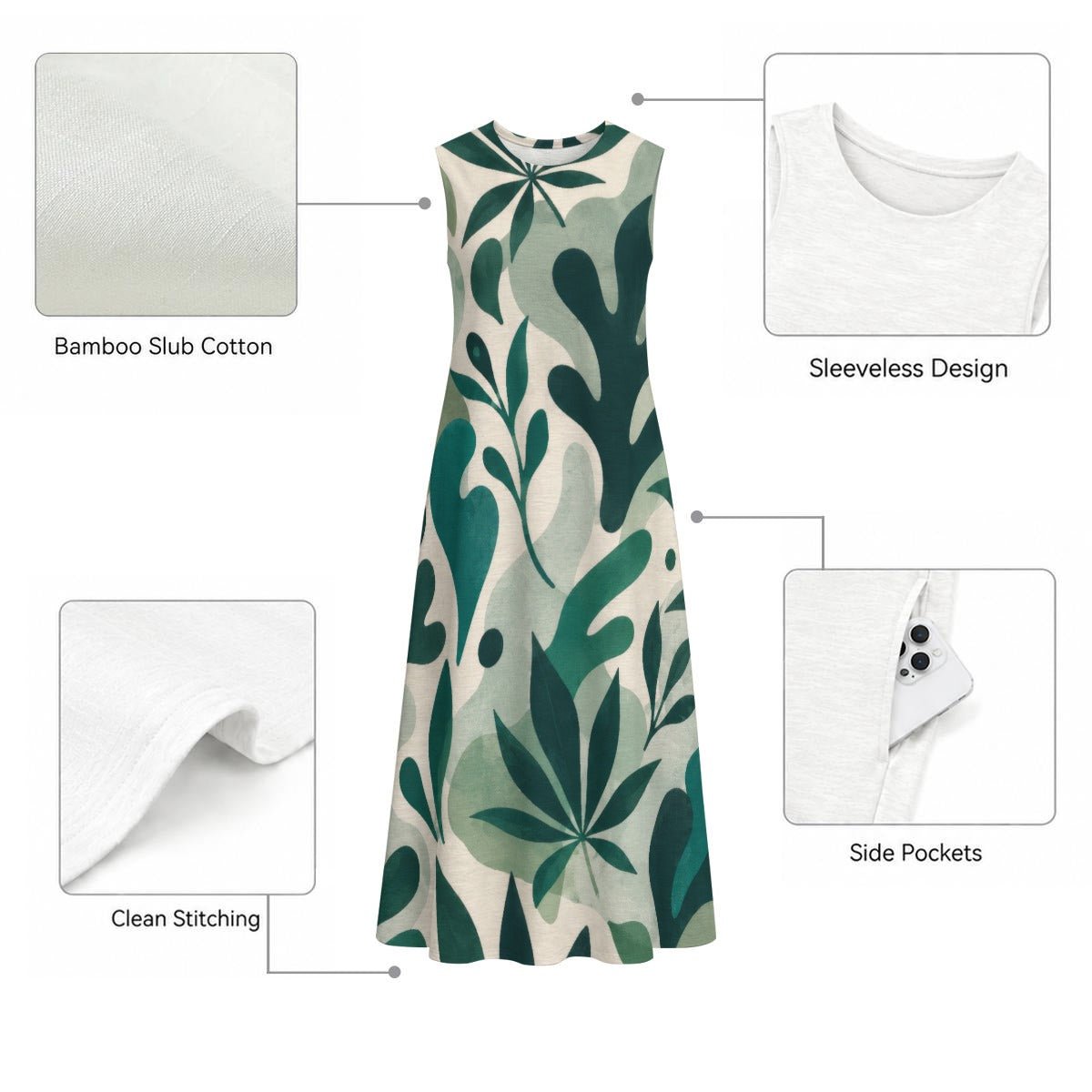 All-Over Print Women's Sleeveless Dress With Pocket|140GSM Slub Cotton Yoycol