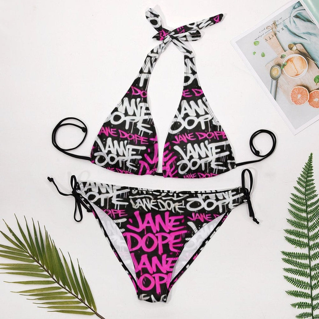 DANK! graphic halter bikini, bottoms detail close-up
