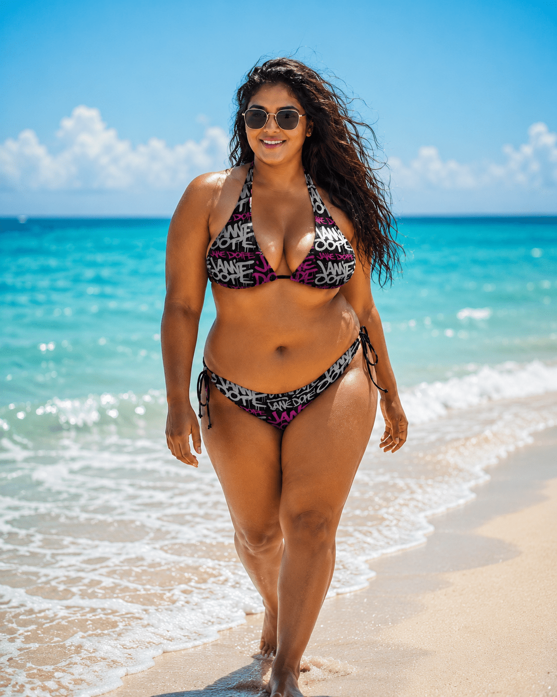 Jane Dope DANK! graphic print halter bikini set, lifestyle front view