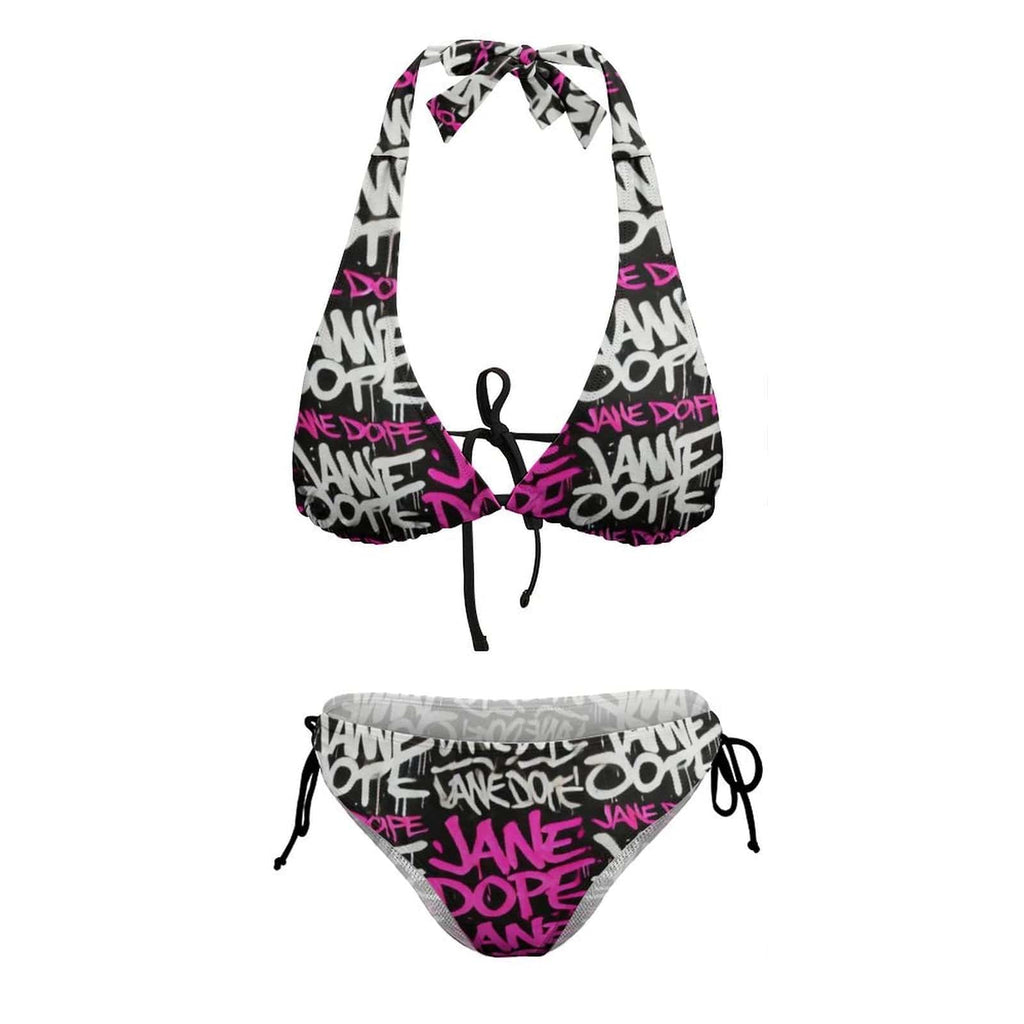 DANK! graphic halter bikini, fabric and print close-up