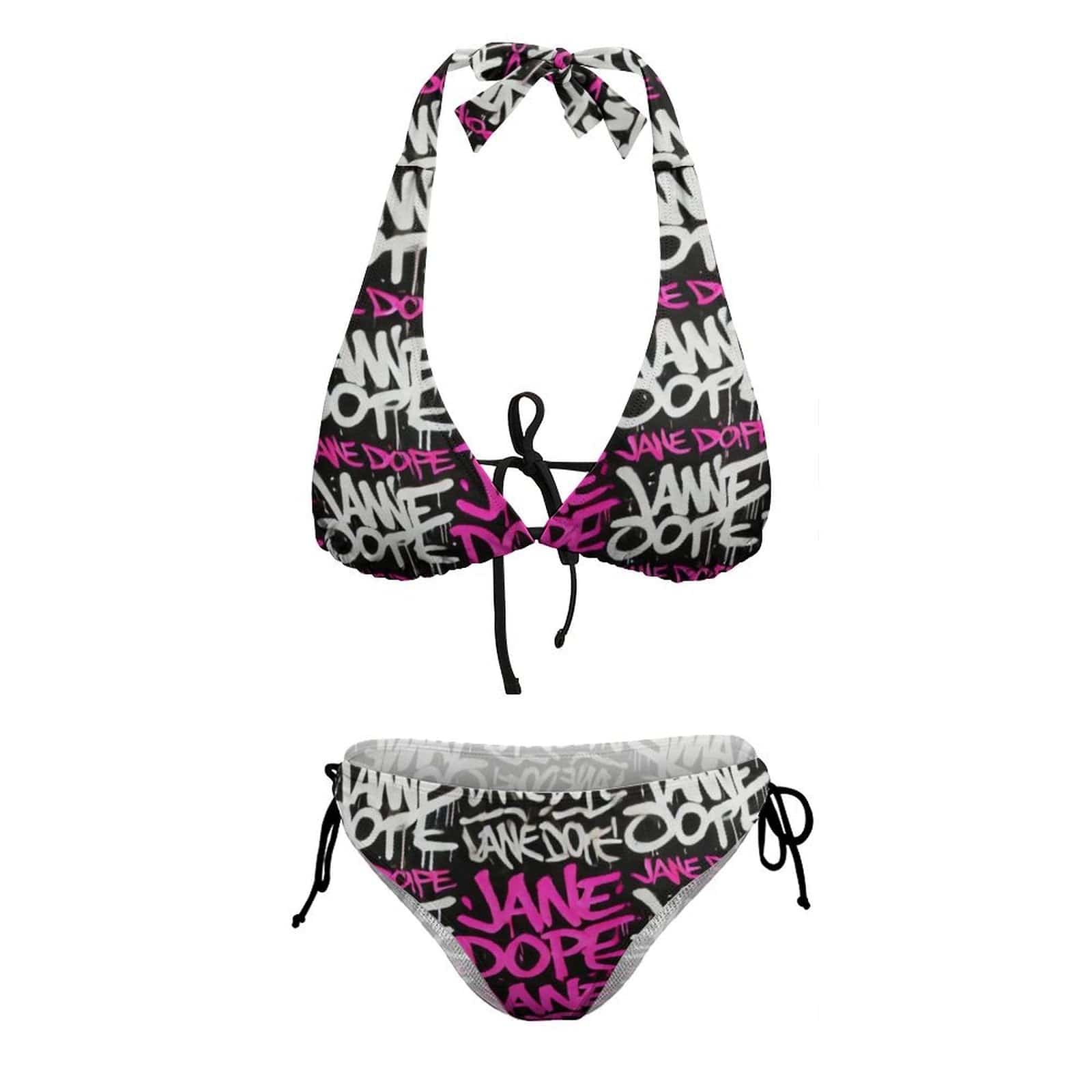 DANK! graphic halter bikini, fabric and print close-up