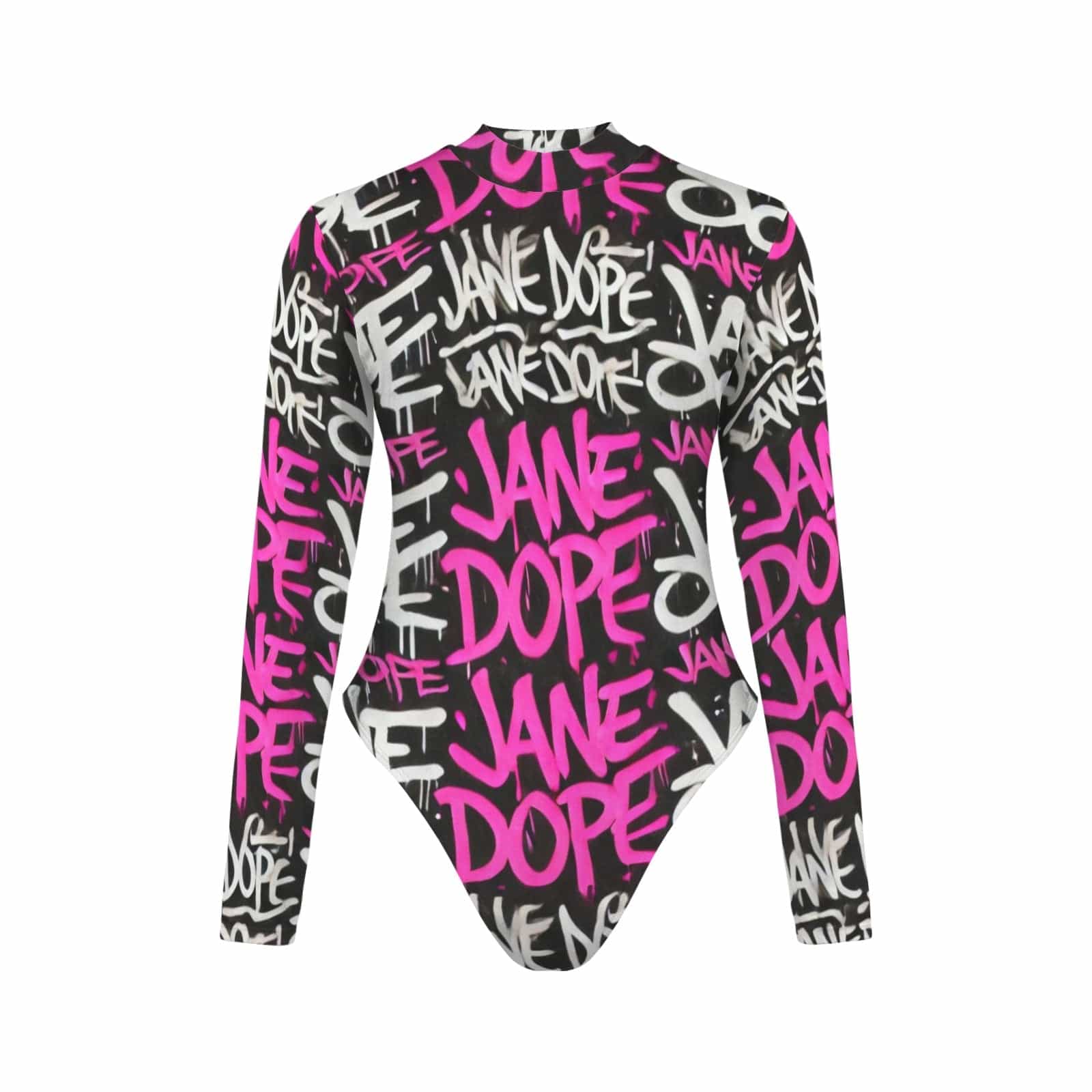 DANK! graphic print backless long sleeve swimsuit, side view on model