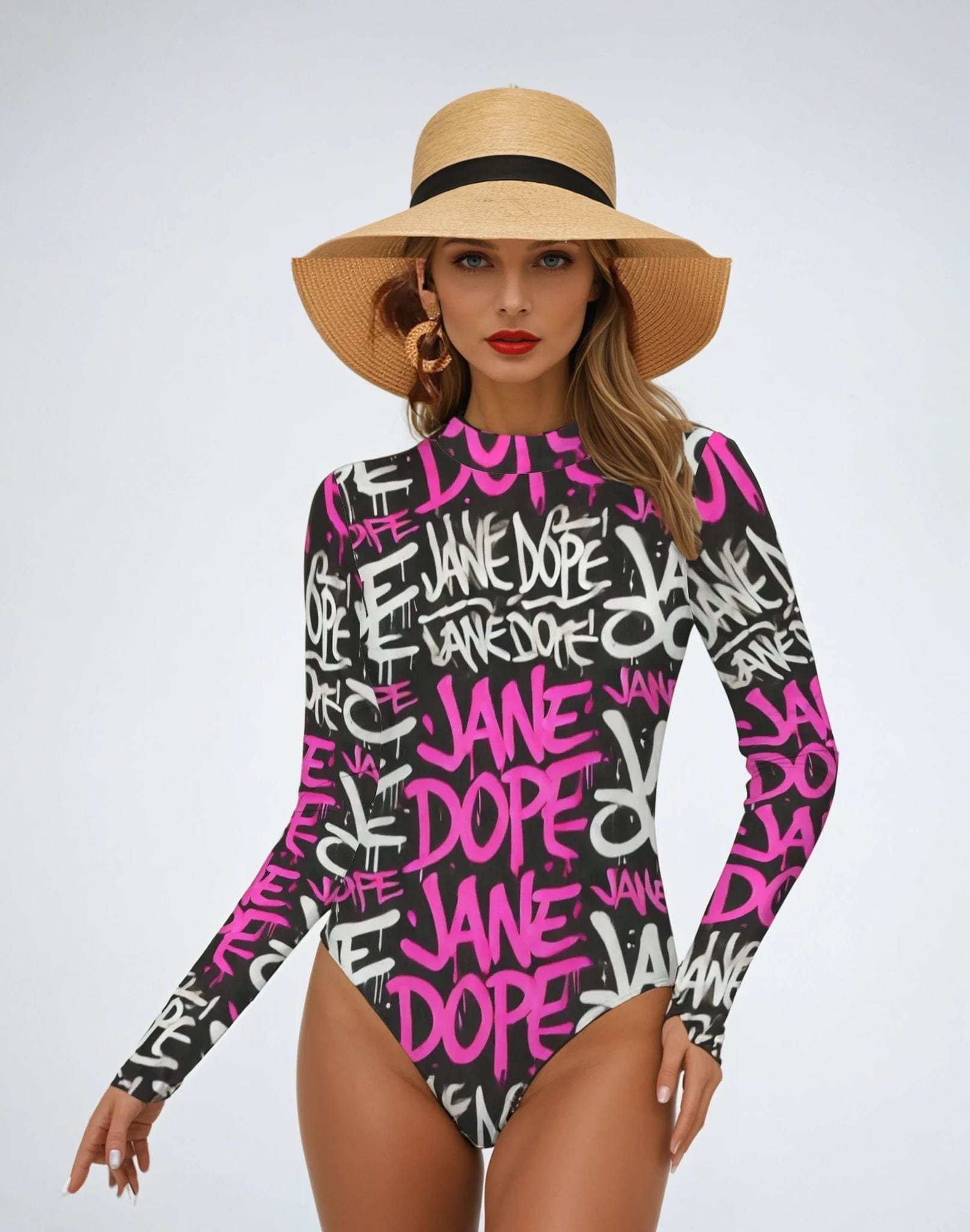 Jane Dope DANK! graphic print backless long sleeve one-piece swimsuit, front view on model
