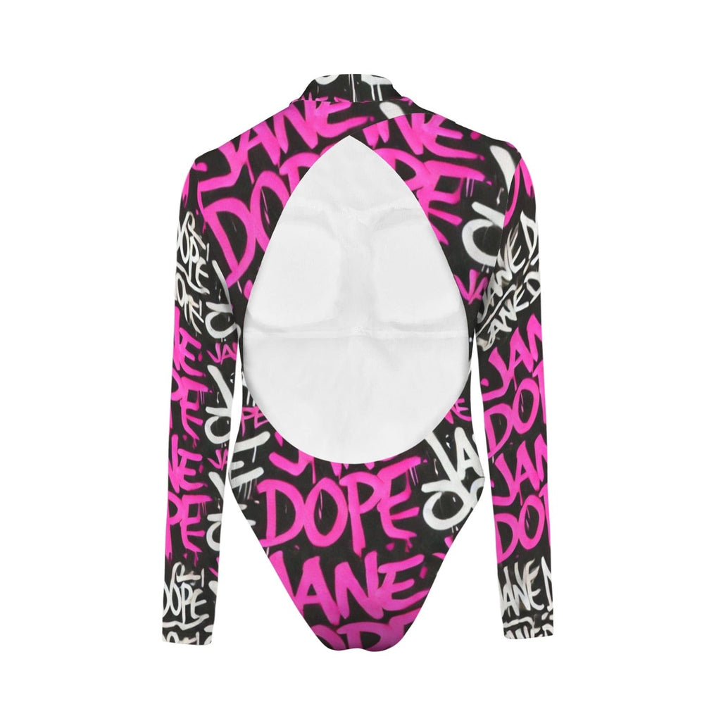 DANK! graphic print backless long sleeve swimsuit, flat lay front
