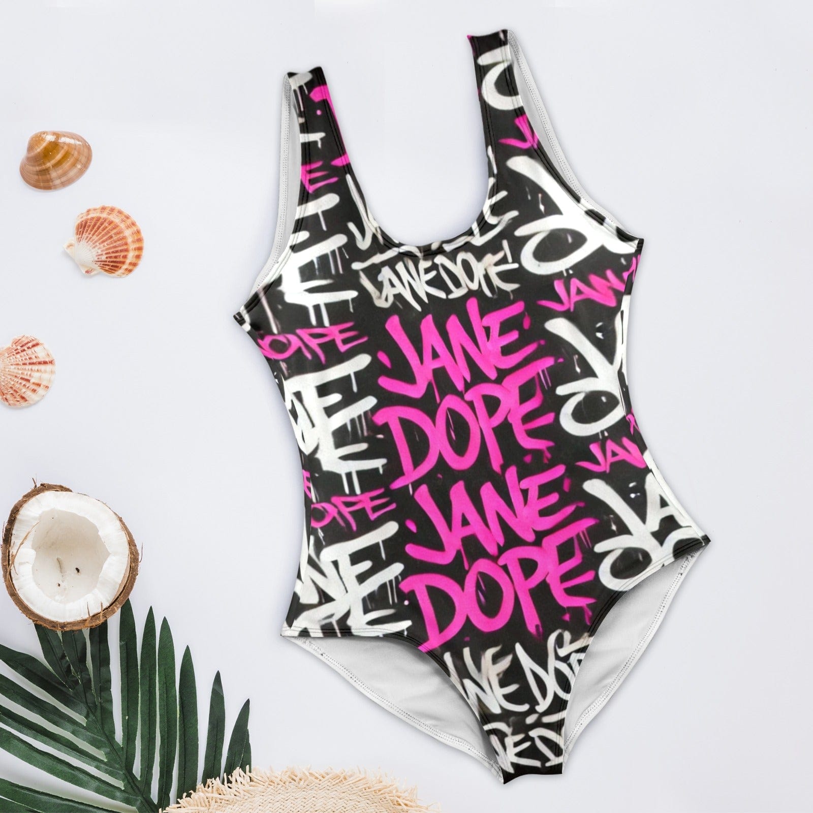 DANK! graphic print low back swimsuit, side view on model