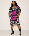 DANK! hot pink graffiti print pocket dress, lifestyle editorial shot on model