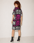 DANK! hot pink graffiti print pocket dress, back view on model