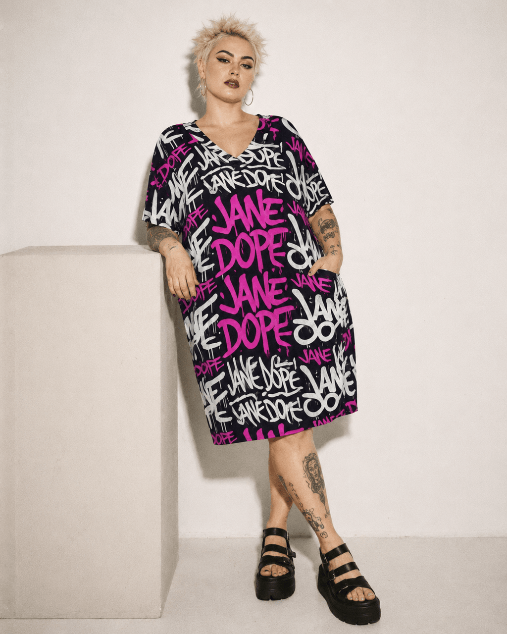 DANK! hot pink graffiti print pocket dress, walking shot on model