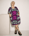 DANK! hot pink graffiti print pocket dress, walking shot on model