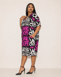 DANK! hot pink graffiti print pocket dress, full length view on model outdoors