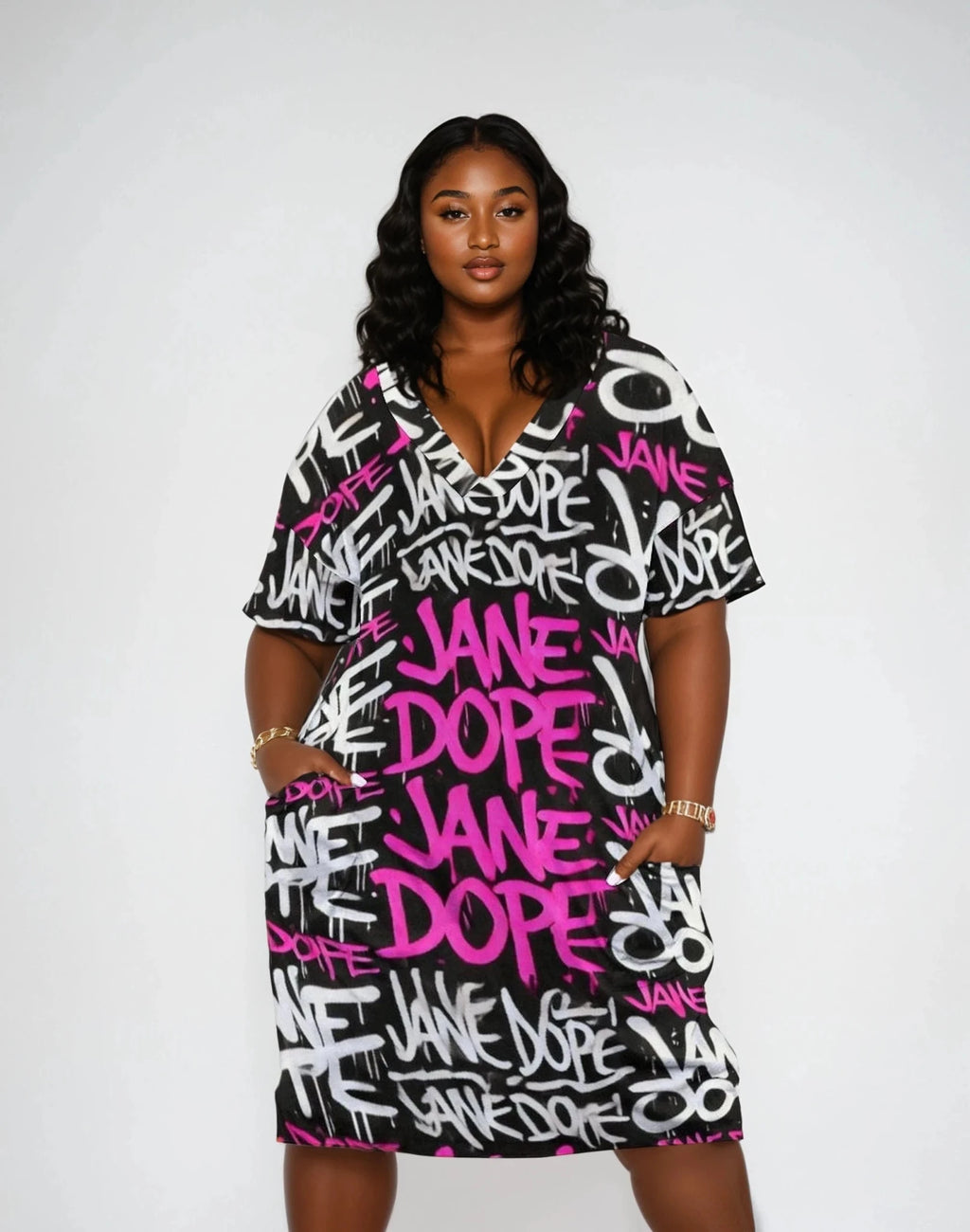 DANK! hot pink graffiti print pocket dress in white, flat lay front