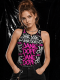 Graphic print racerback tank top, front view on model
