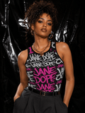 Graphic print racerback tank top, three-quarter view on model