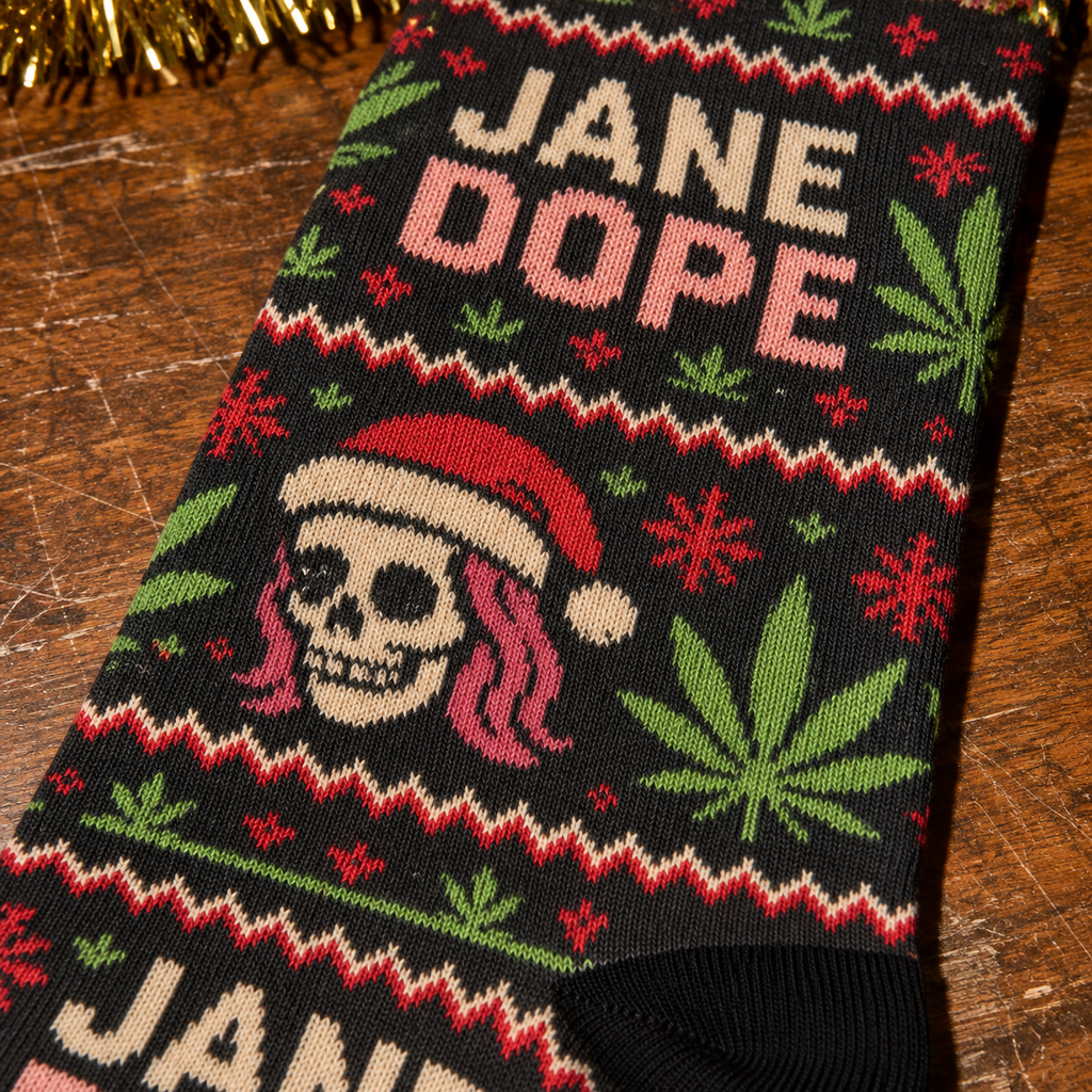Dope AF Xmas Socks close-up of Santa-skull artwork and fine stretch fabric