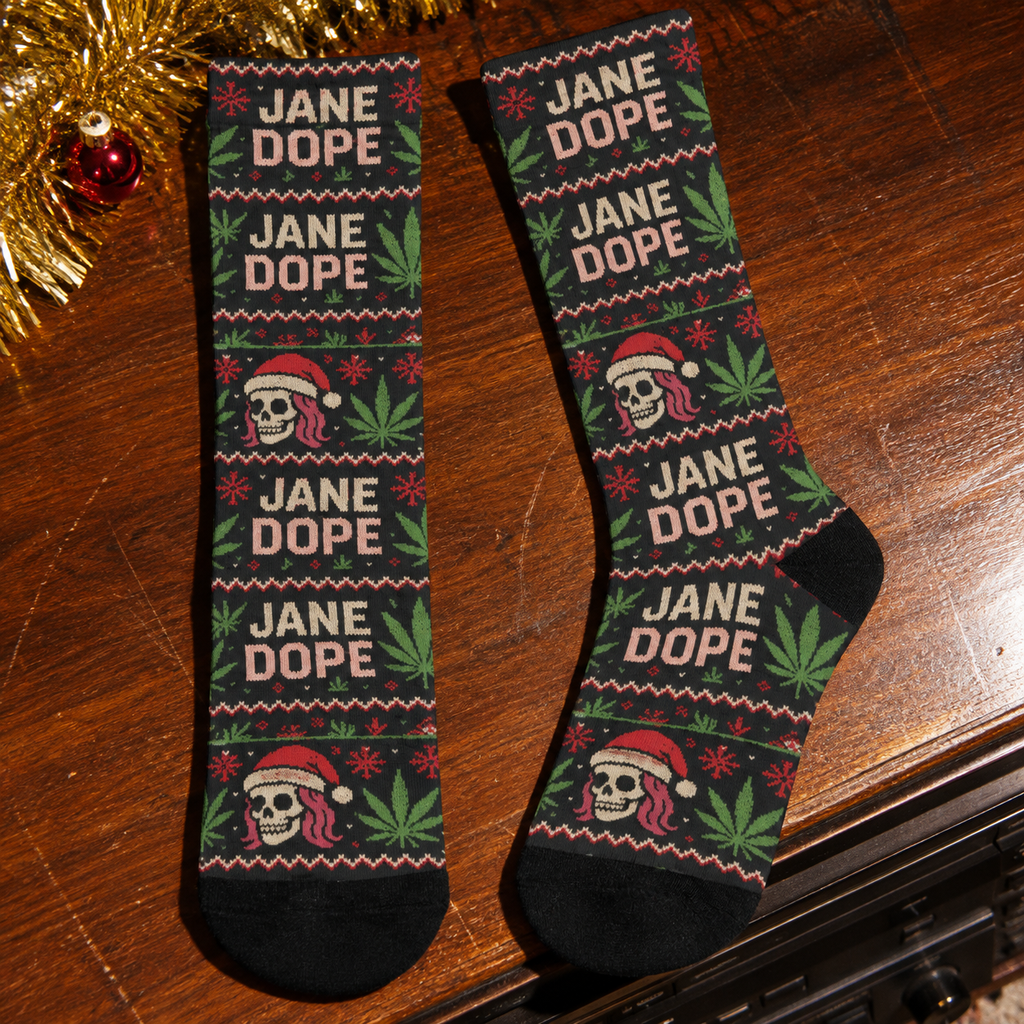Dope AF Xmas Socks full pair showing JANE DOPE lettering, Santa skulls and black toes