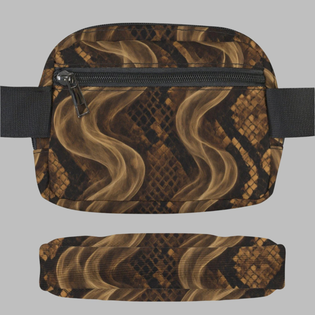 Snake skin print belt bag, worn on body lifestyle shot