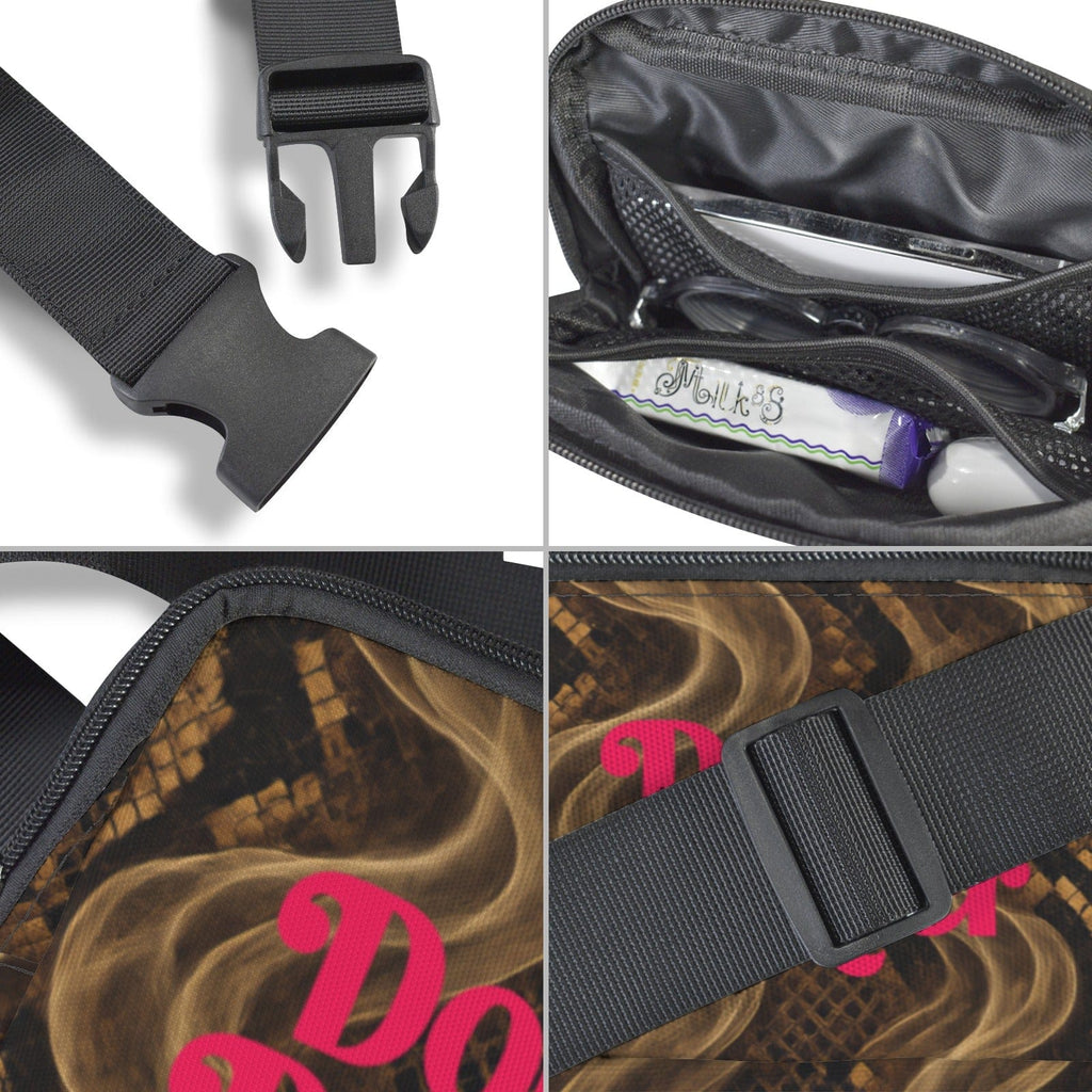 Snake skin print belt bag, print and hardware detail close-up