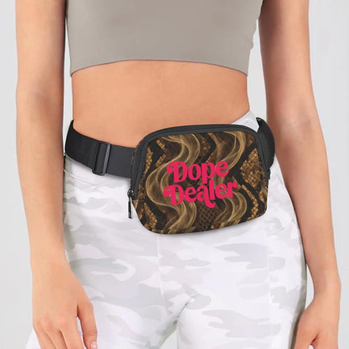 Snake skin print belt bag, back view with belt clip detail