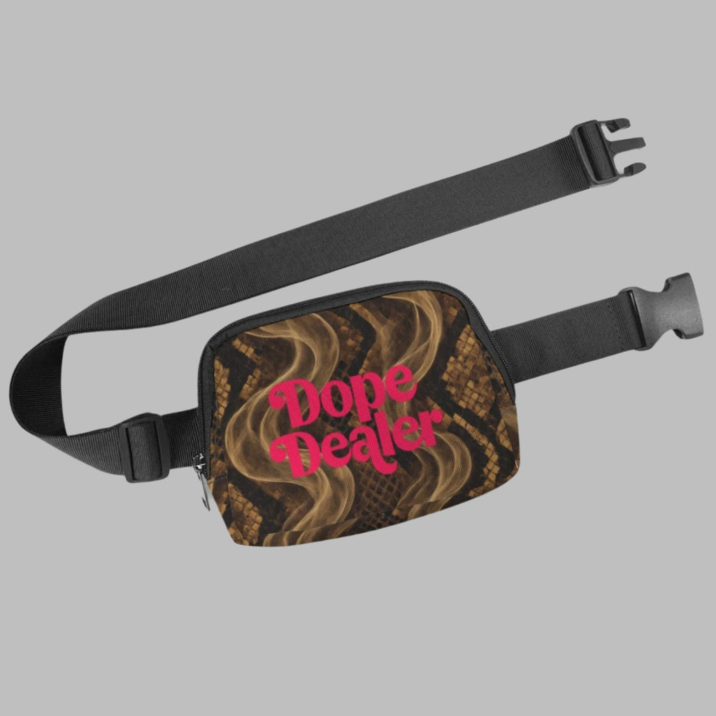 Snake skin print belt bag, side view showing zip and strap