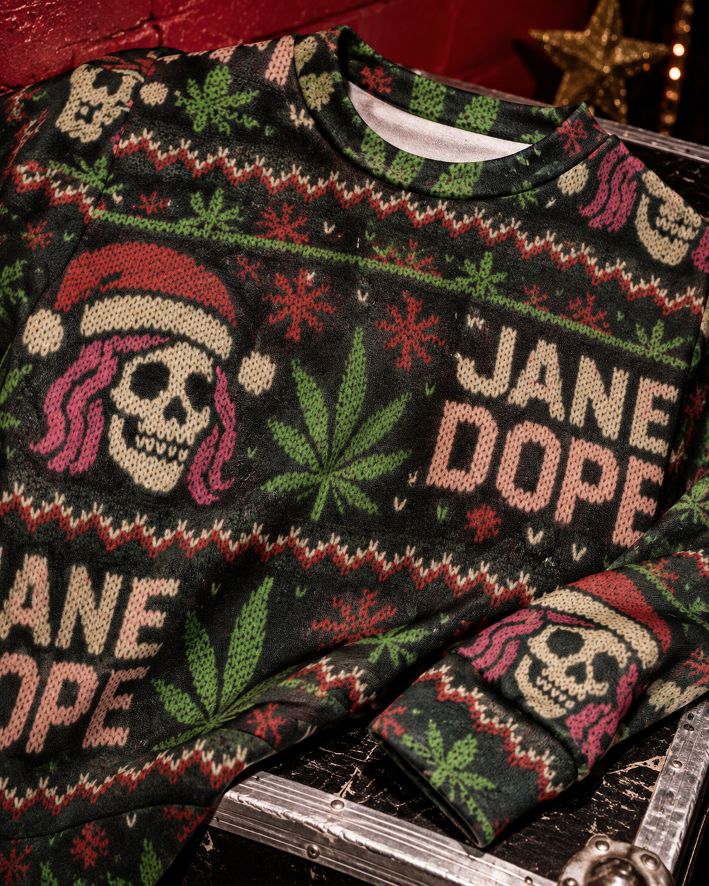 Dope Fugly XMAS Sweatershirt close-up of the skull print, knit-look artwork and printed cuff