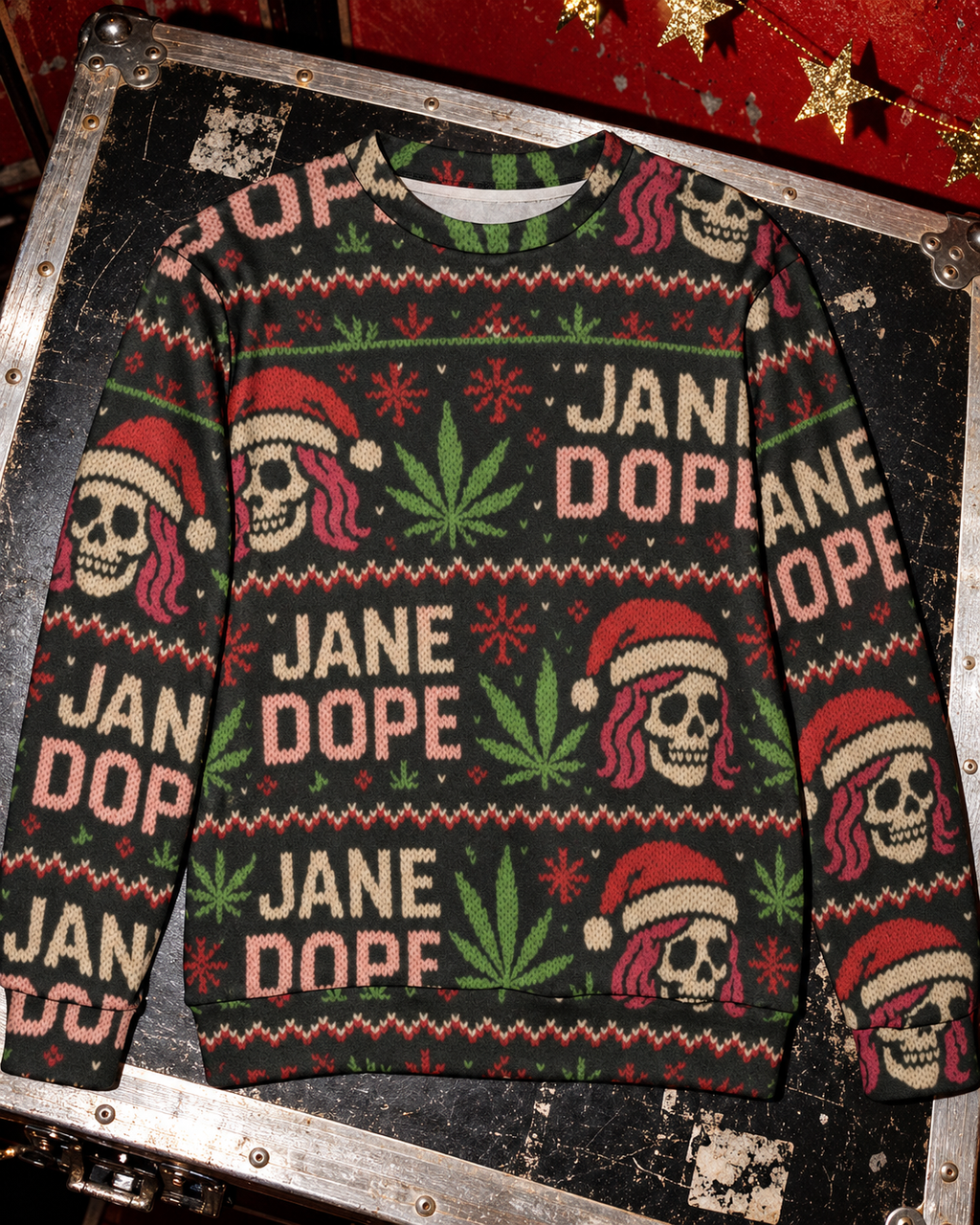 Dope Fugly XMAS Sweatershirt front view with Santa-hat skulls, Herb leaves and Jane Dope lettering