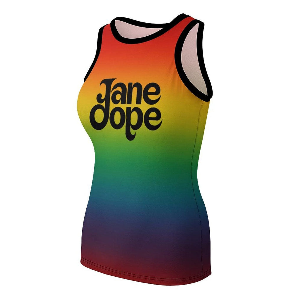 Rainbow pride graphic tank top, print detail close-up