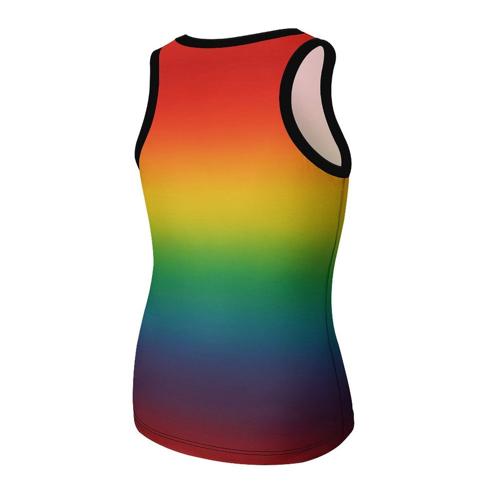 Rainbow pride graphic tank top, neckline detail