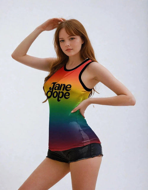 Rainbow pride graphic tank top, back view