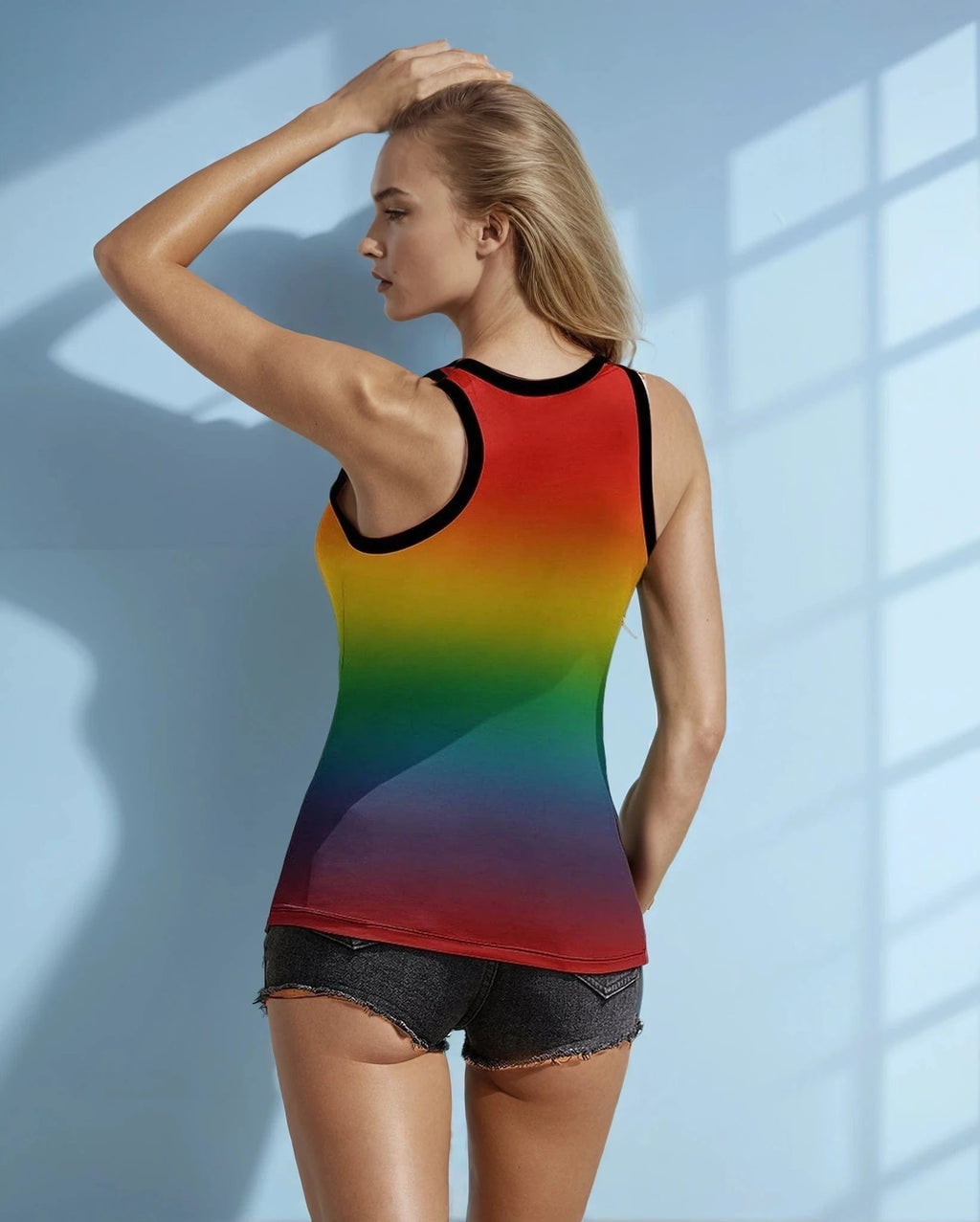 Rainbow pride graphic tank top, flat lay front