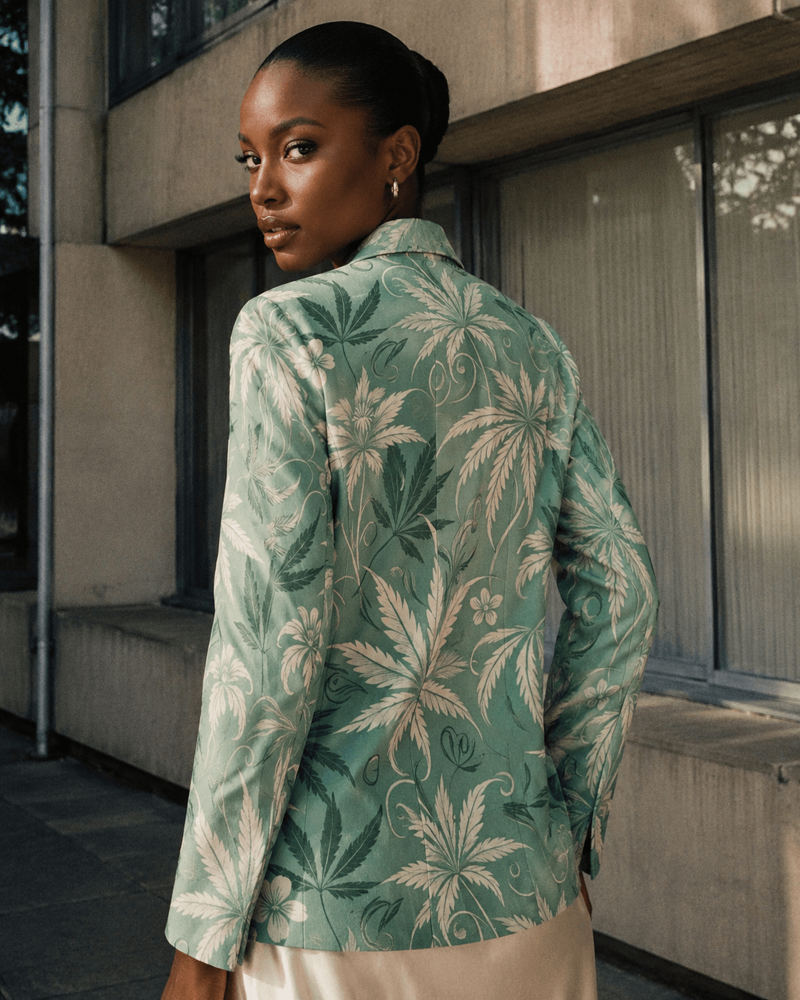 Durban all-over print shirt blazer, three-quarter view on model