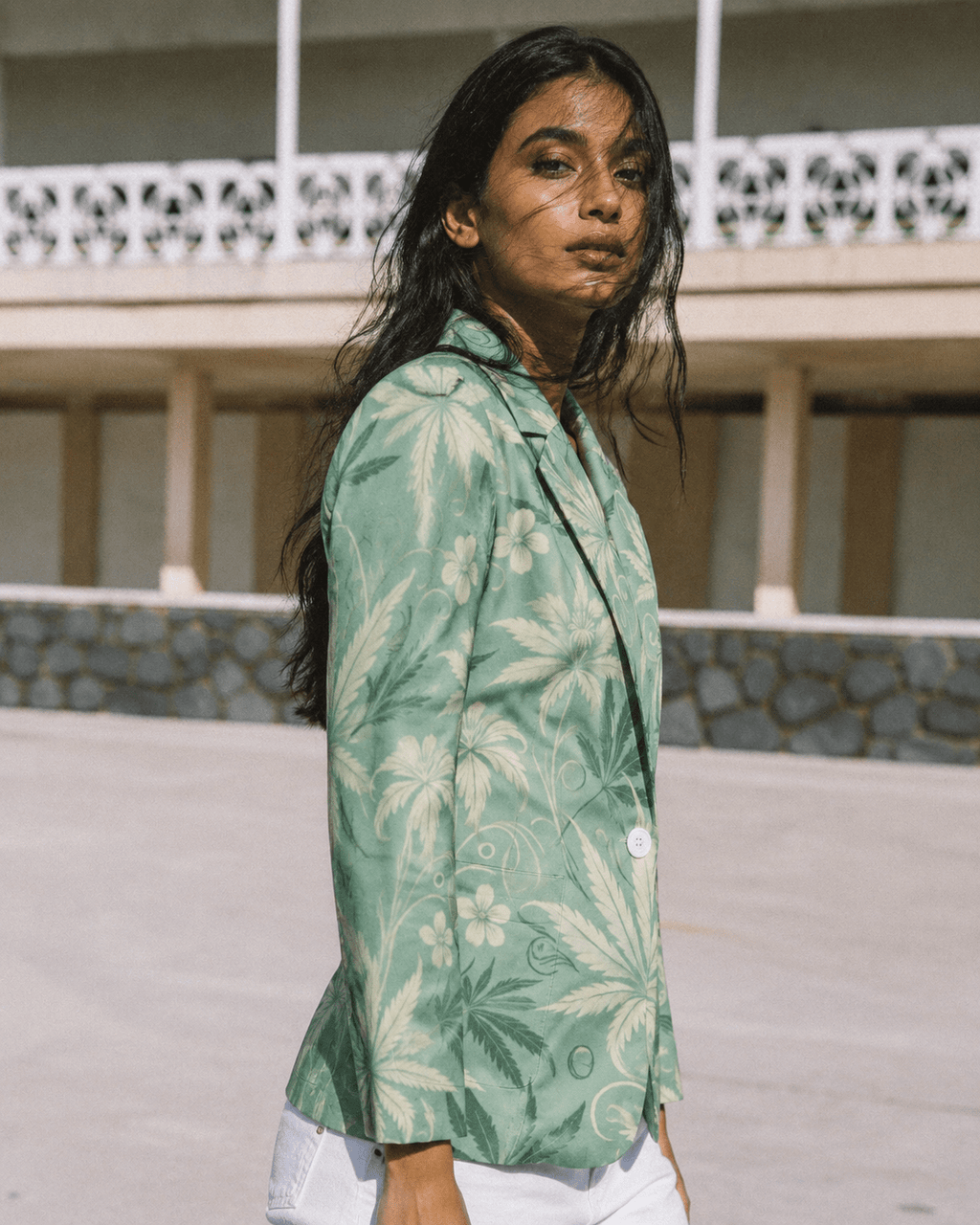 Jane Dope Durban all-over print oversized shirt blazer, back view on model