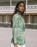 Jane Dope Durban all-over print oversized shirt blazer, back view on model